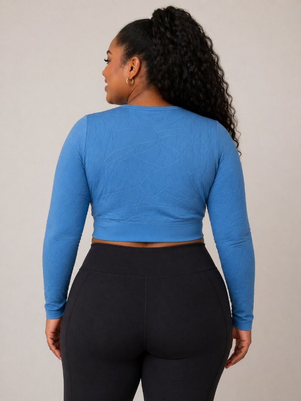 Sweaty Betty Blue Motion Jacquard Long Sleeve Crop Top Thumbholes Size L - Picture 2 of 7